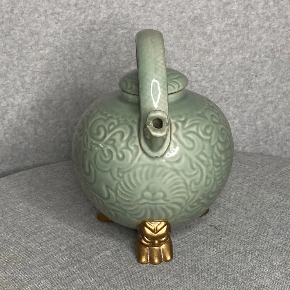 Celadon Footed Dragon‎ Teapot Asian Ceramic Kettle Green Gold Tea Pot Decor WCL